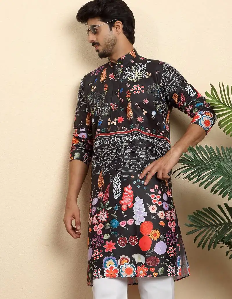 Floral print cotton blend ethnic wear black kurta