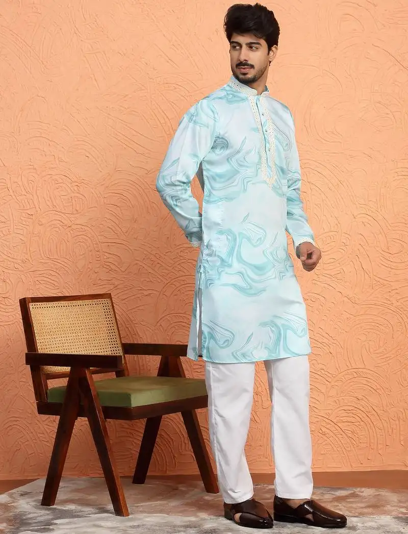Cotton silk tie-dye printed blue kurta