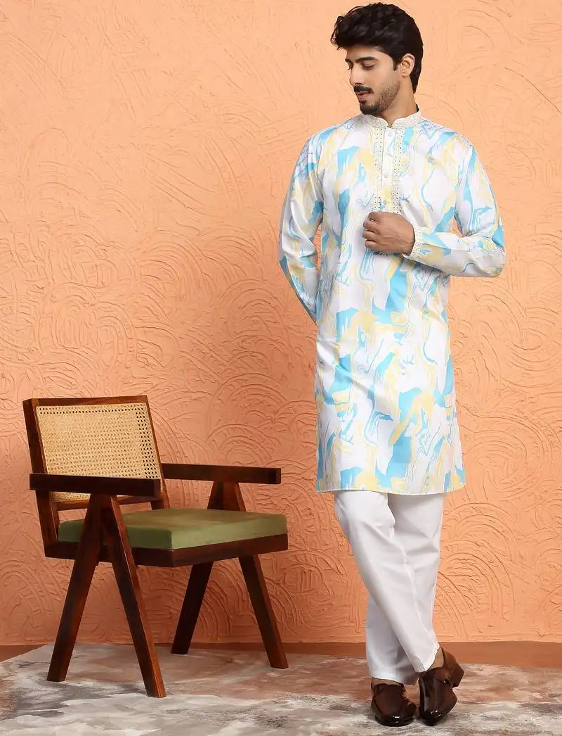 Cotton silk tie-dye printed white kurta