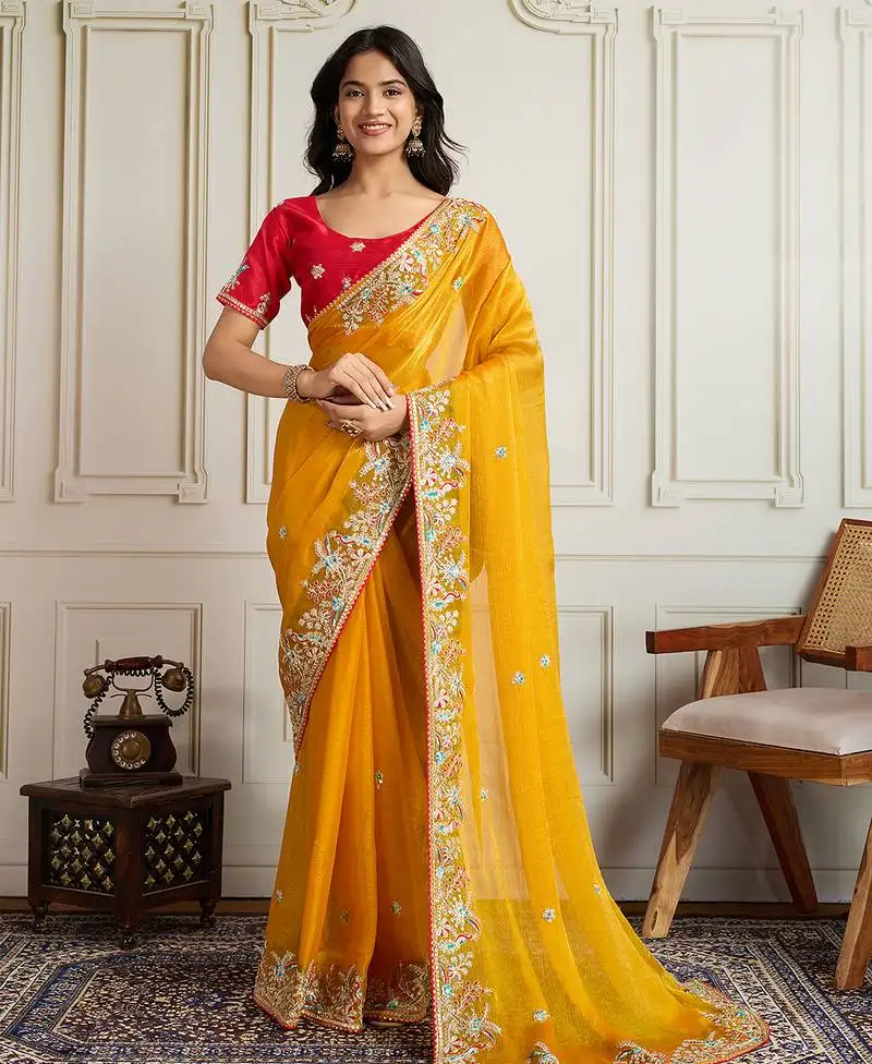 Yellow color frendy chiffon fabric designer embroidery work heavy ceremonial saree