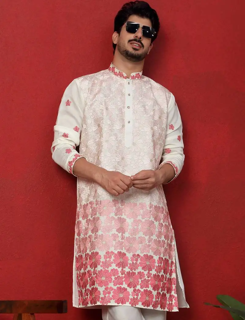 Cotton silk floral embroidered ombre pink mandarin collar kurta