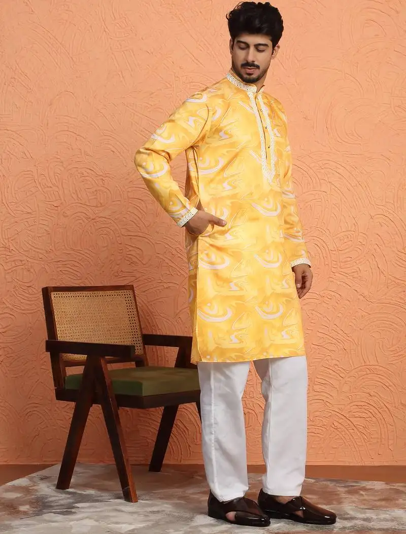 Cotton silk tie-dye printed yellow kurta