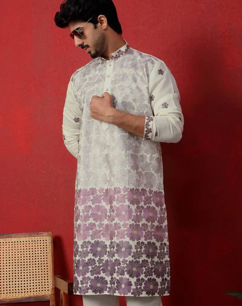 Cotton silk floral embroidered ombre purple mandarin collar kurta
