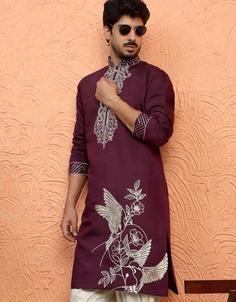 Cotton silk zari work placement embroidered purple mandarin collar kurta