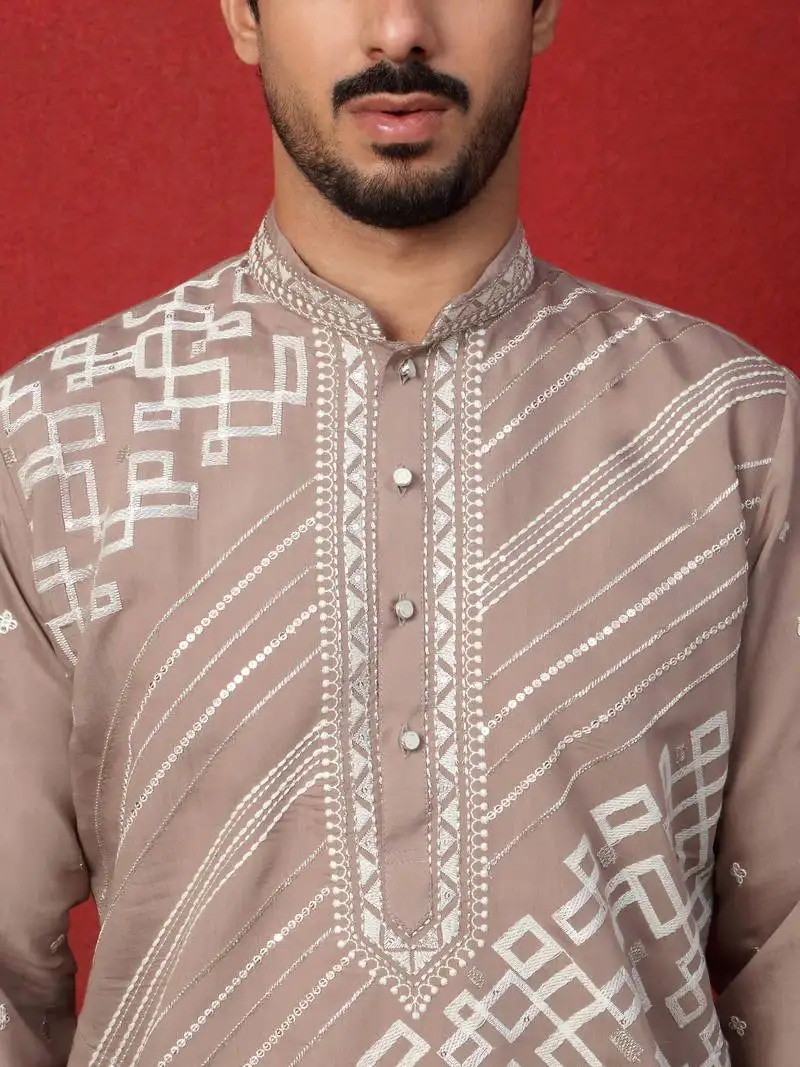 Cotton silk geometric sequence embroidered beige mandarin collar kurta
