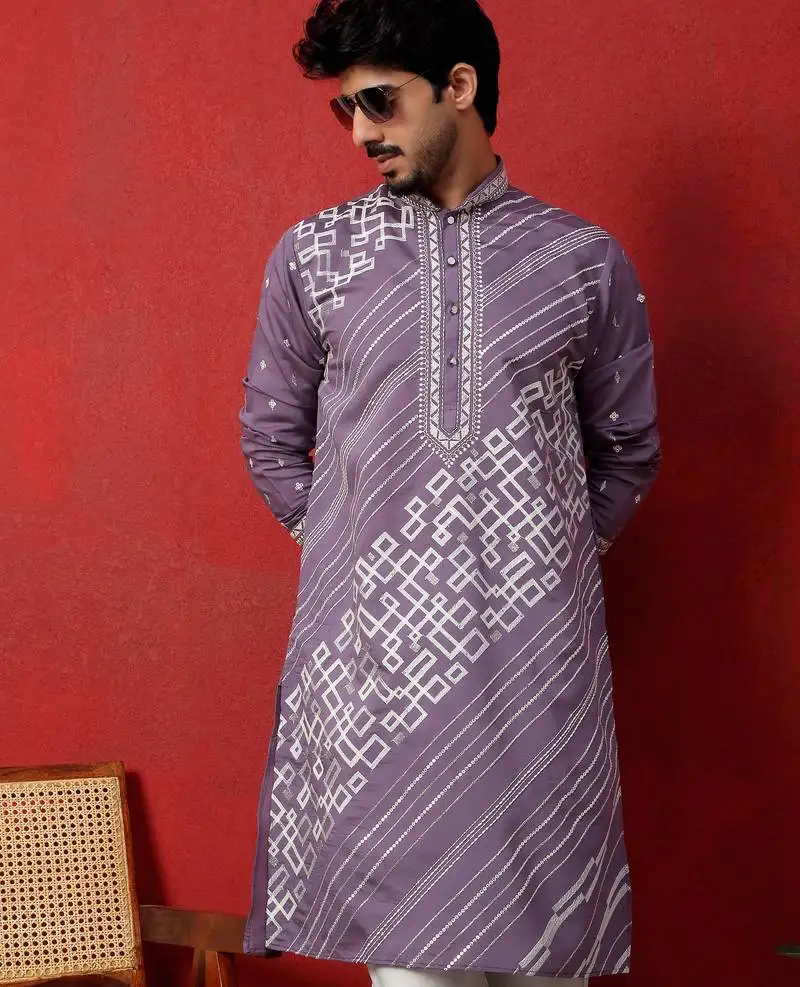 Cotton silk geometric sequence embroidered purple mandarin collar kurta