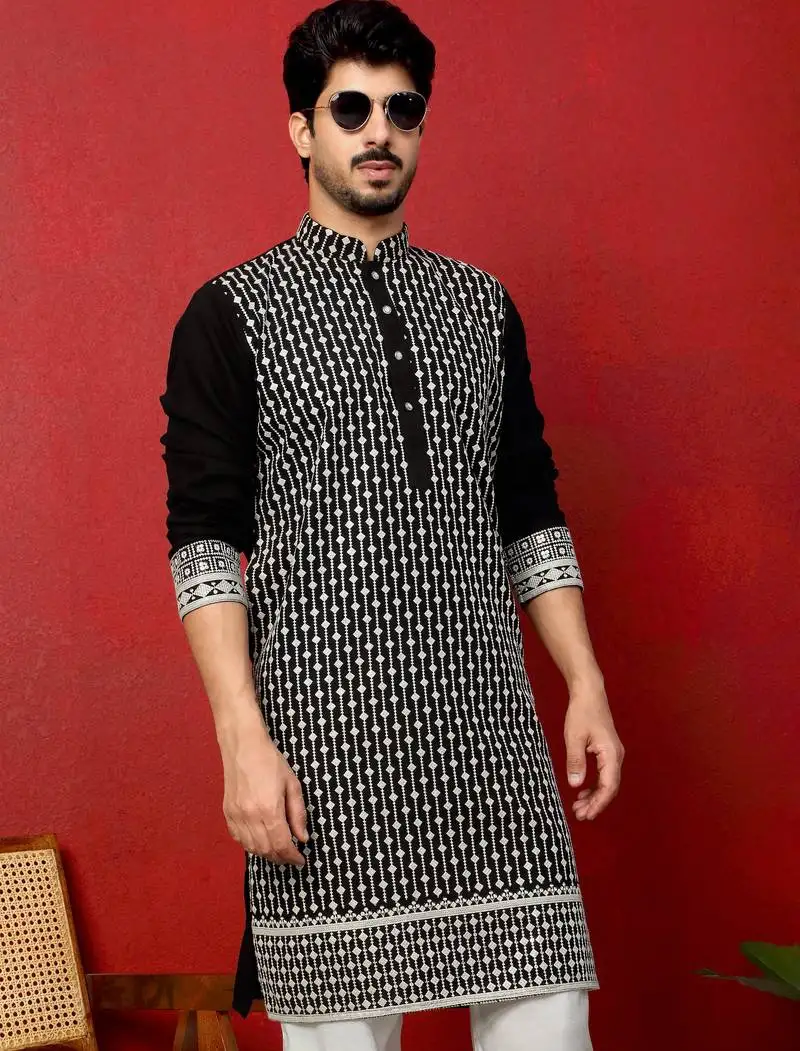 Georgette sequins & thread work embroidered black kurta