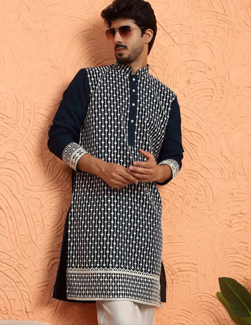 Georgette sequins & thread work embroidered blue kurta