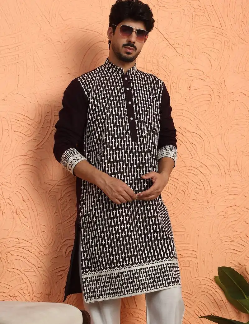 Georgette sequins & thread work embroidered wine kurta