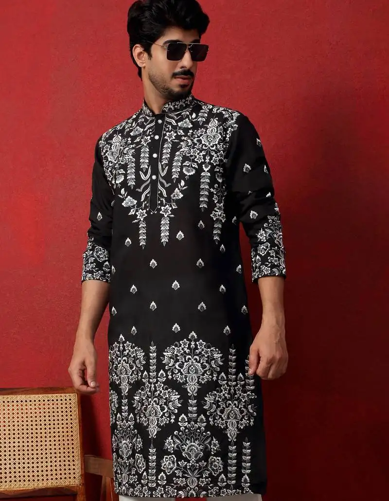 Black thread & sequins floral embroidered cotton silk kurta