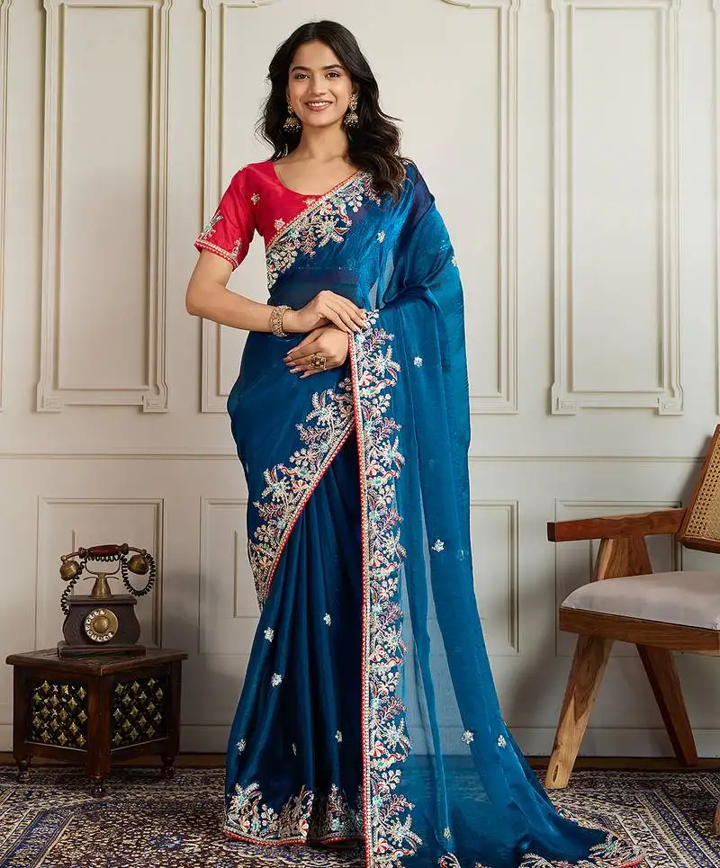Blue color frendy chiffon fabric designer embroidery work heavy ceremonial saree
