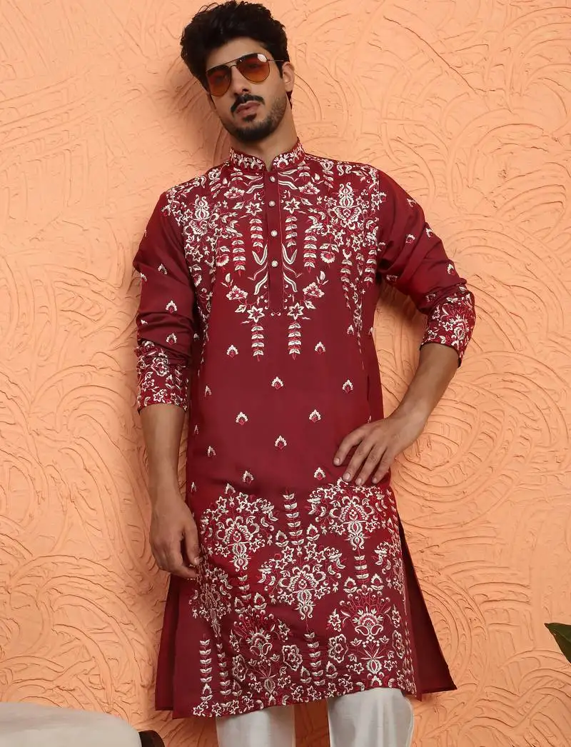 Maroon thread & sequins floral embroidered cotton silk kurta