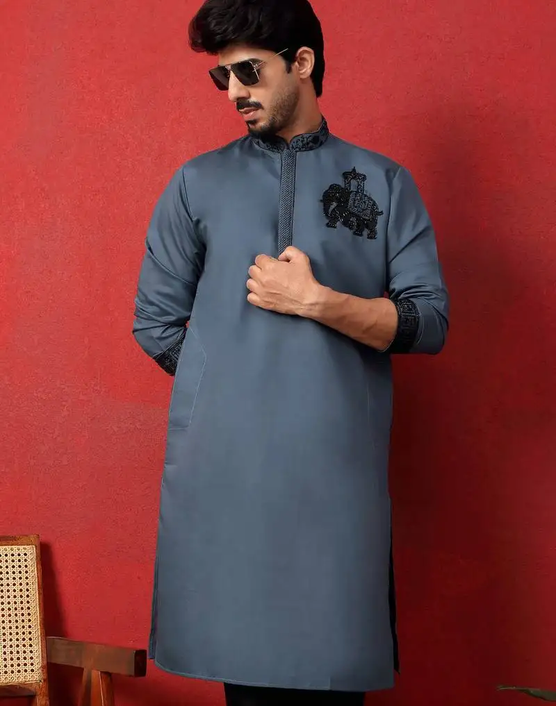 Cotton silk beaded motifs grey kurta