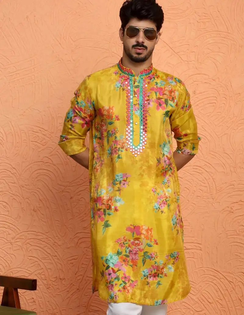 Silk yoke design floral mirror work mustard kurta