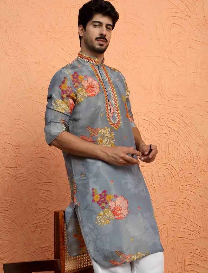 Silk yoke design floral mirror work grey kurta
