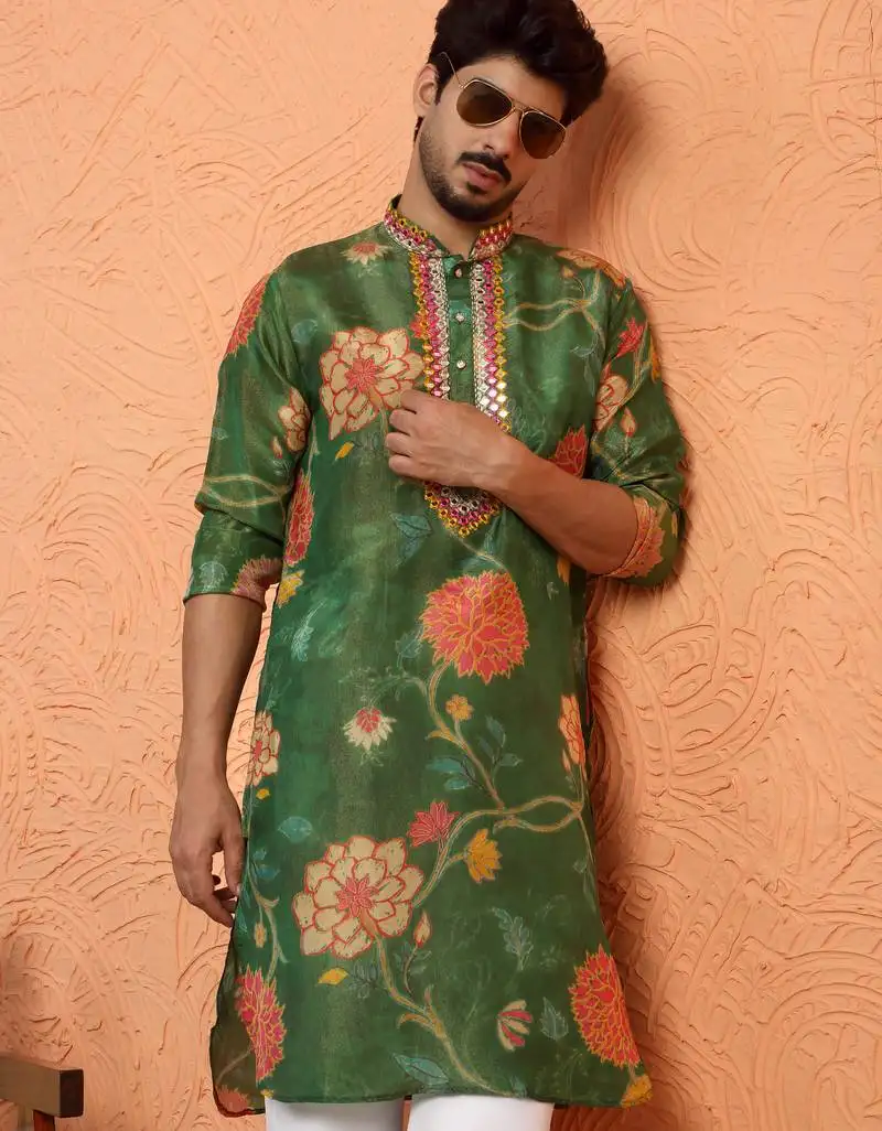 Silk yoke design floral mirror work green kurta