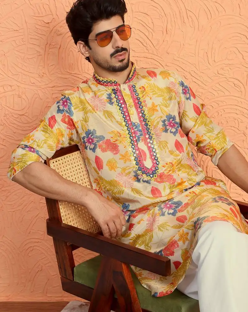 Silk yoke design floral mirror work multcolor kurta