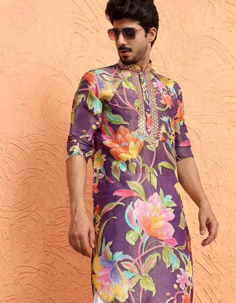 Silk yoke design floral mirror work purple kurta
