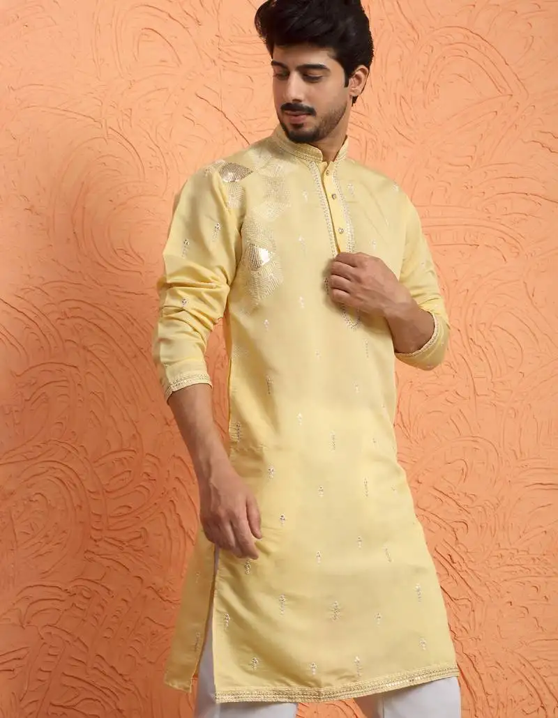 Mirror & thread embroidered cotton silk yellow kurta