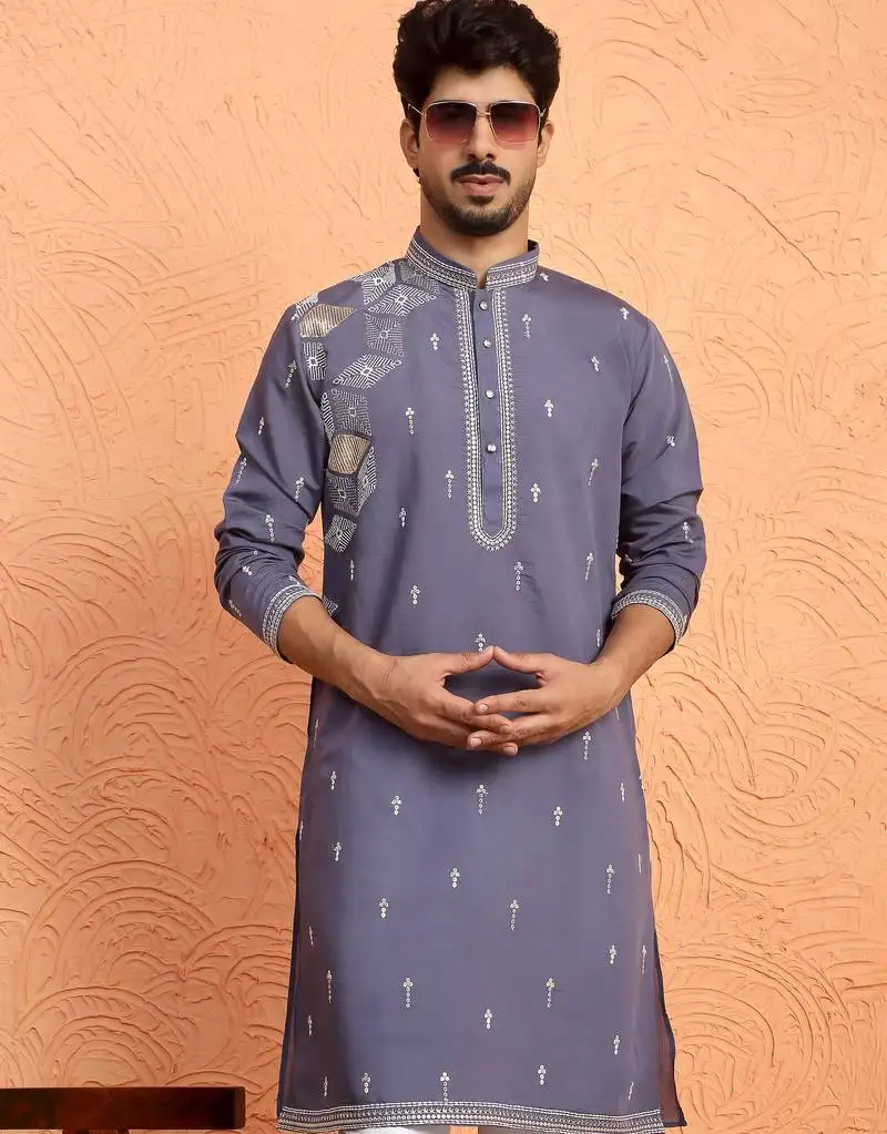 Mirror & thread embroidered cotton silk purple kurta