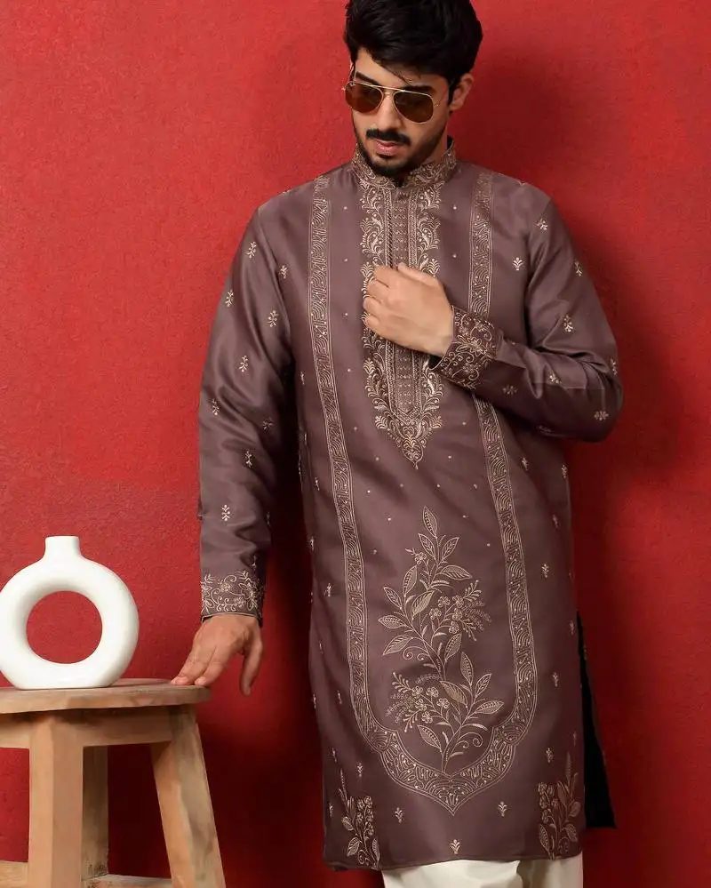 Cotton silk floral and zari embroidered mauve kurta