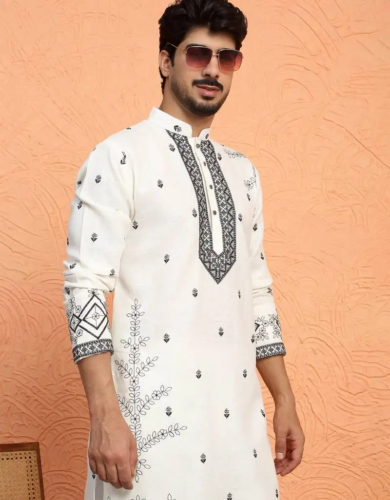 Yoke design embroidered cotton cream kurta