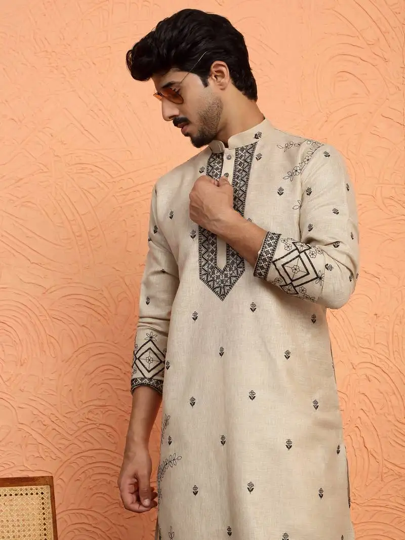 Yoke design embroidered cotton beige kurta
