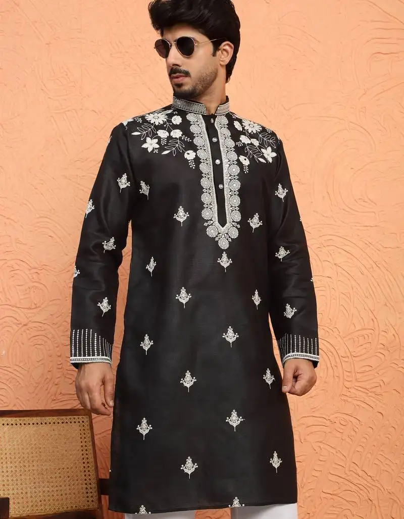 Cotton yoke design floral embroidered black kurta