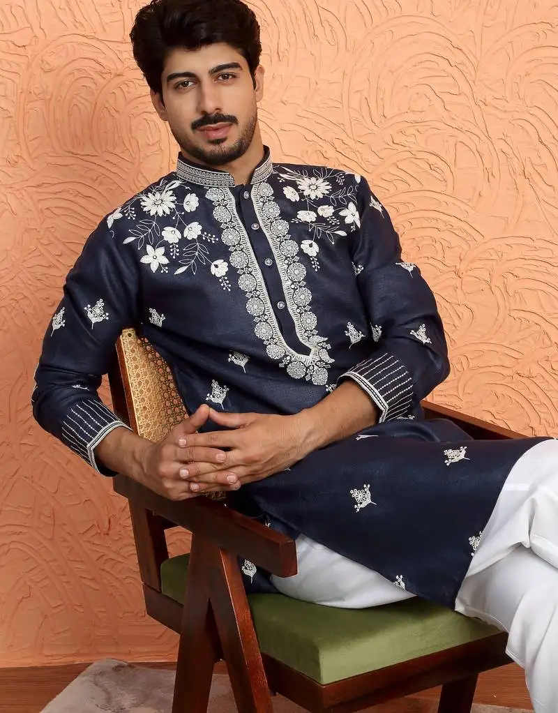 Cotton yoke design floral embroidered blue kurta