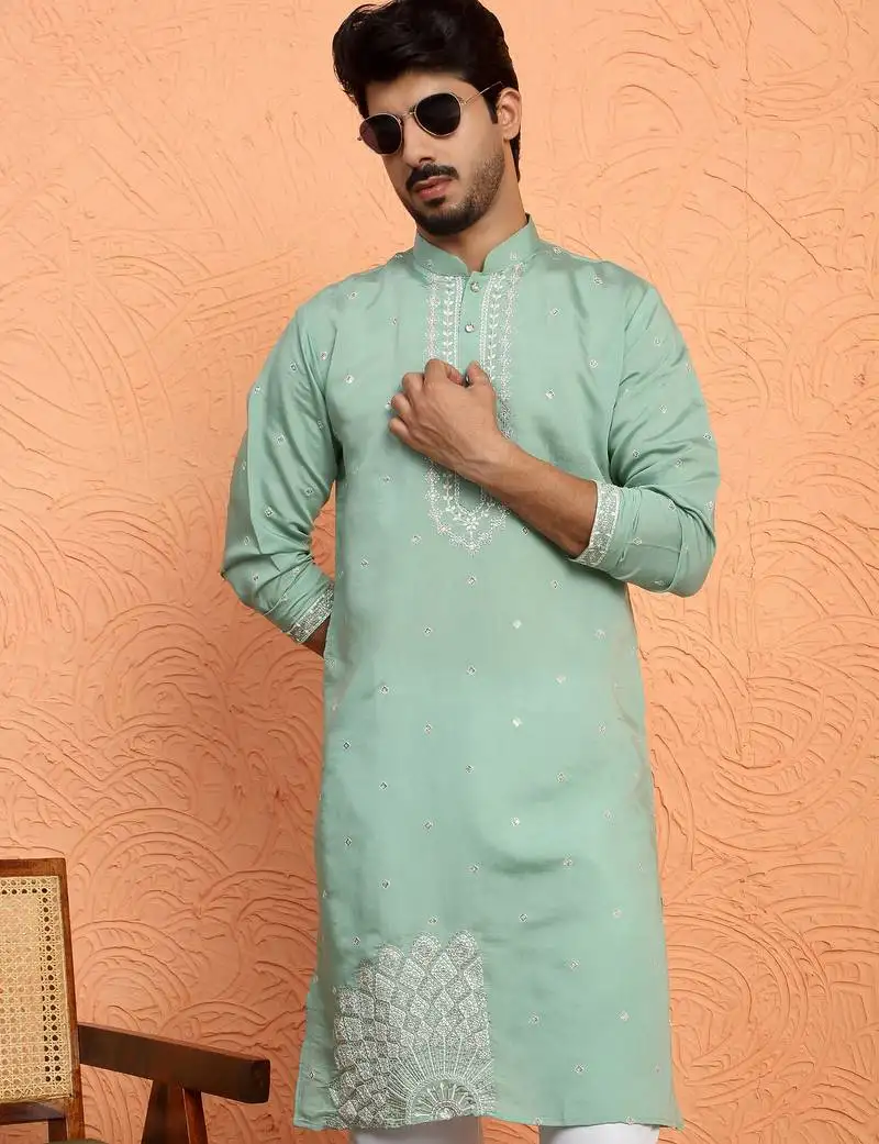 Cotton silk yoke design embroidered green kurta