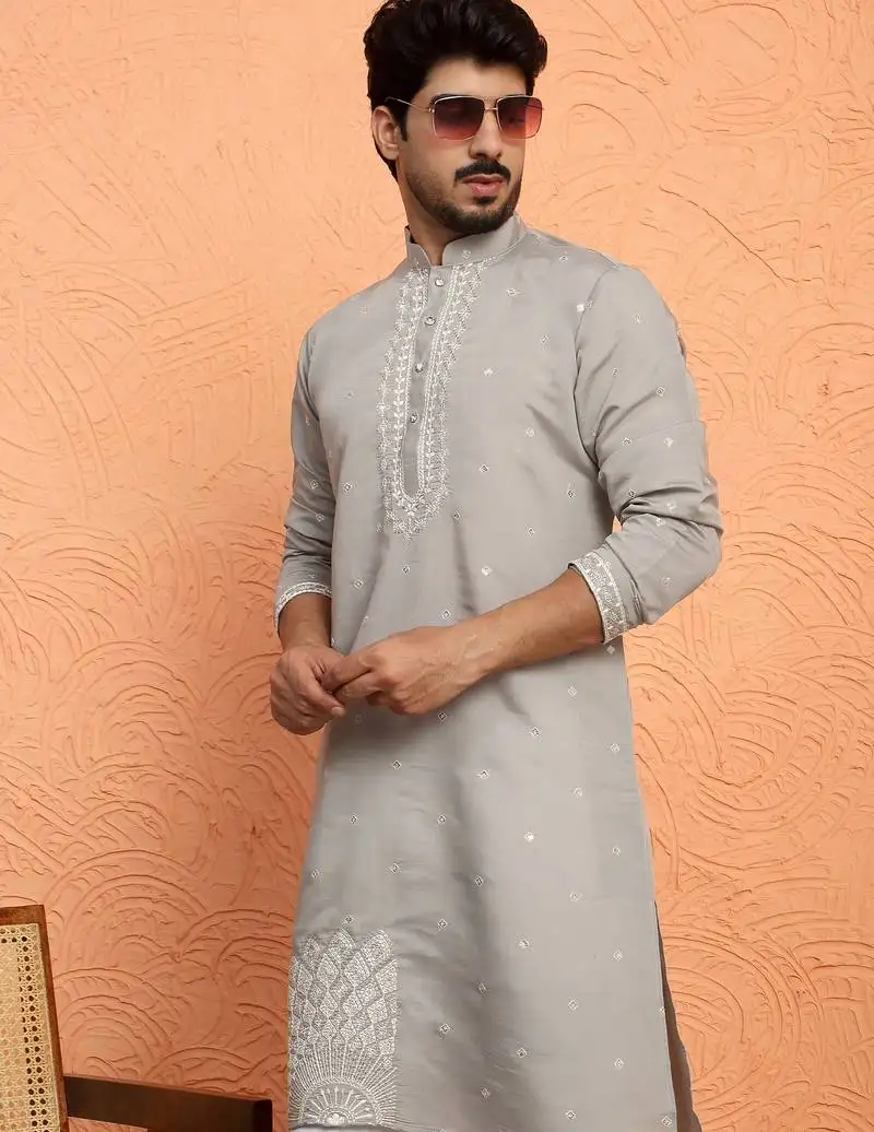 Cotton silk yoke design embroidered grey kurta