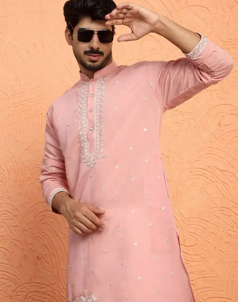 Cotton silk yoke design embroidered pink kurta