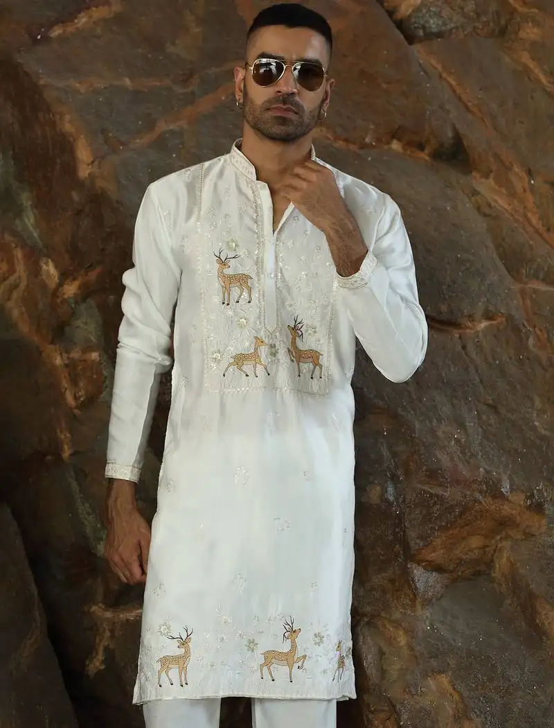 Cotton silk embroidered cream kurta