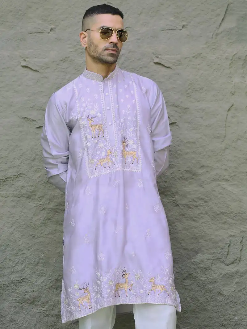 Cotton silk embroidered mauve kurta