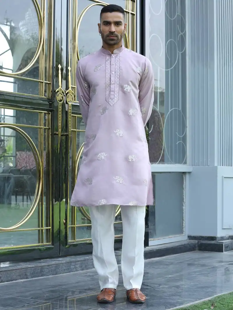 Cotton silk yoke design embroidered mauve kurta