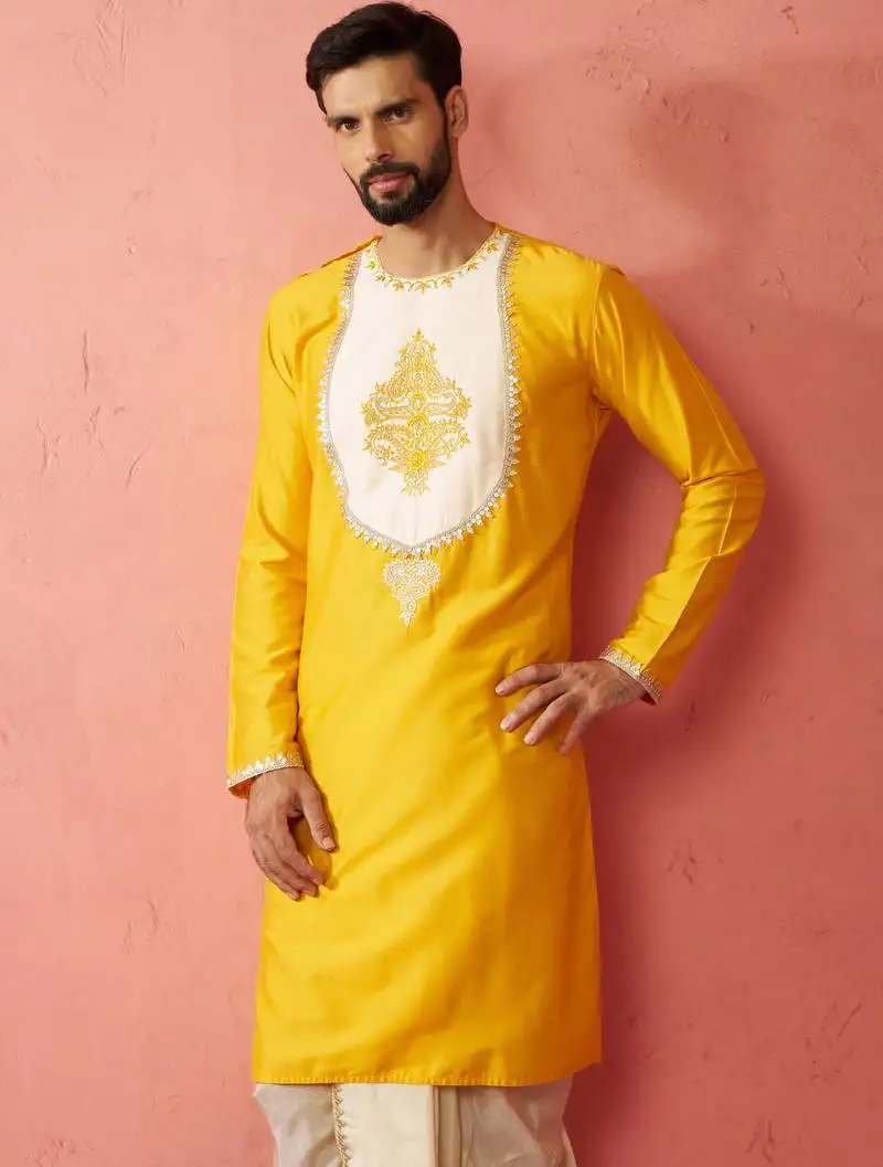 Men's yellow viscose kurta - long embroidered festive ethnic wear for wedding diwali