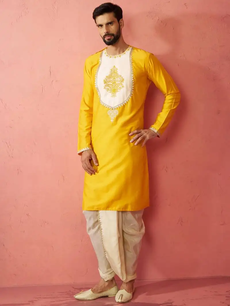 Men's yellow viscose embroidered kurta with beige tissue dhoti set - traditional wedding festive wear