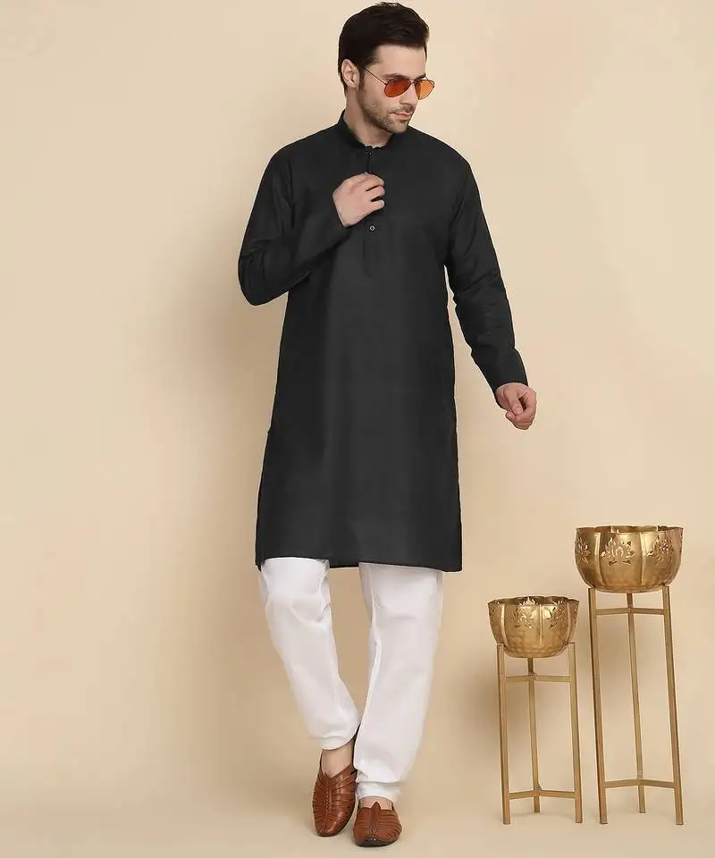 Cotton blend solid black kurta with pyjamas