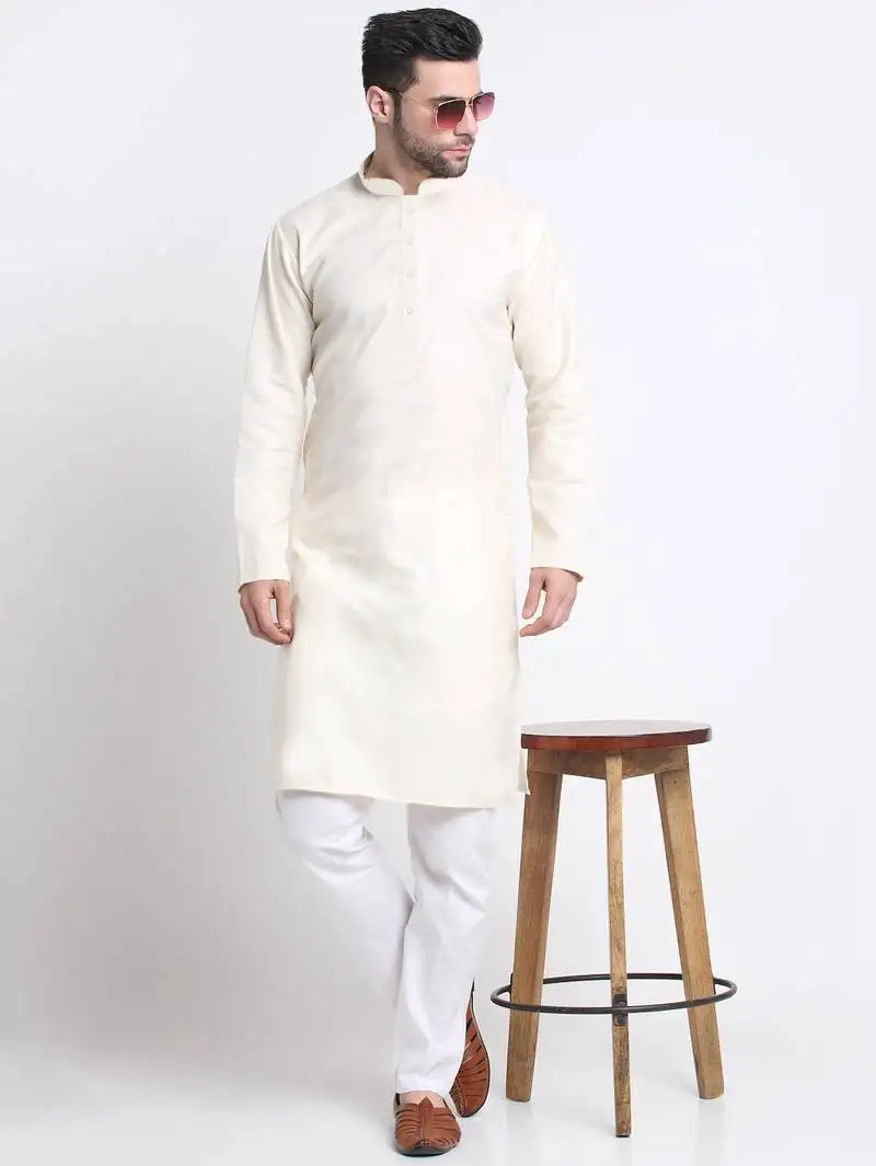 Cotton blend solid cream kurta with pyjamas