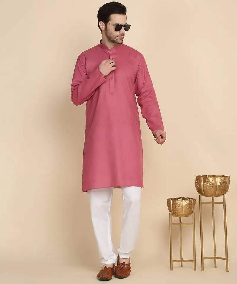 Cotton blend solid coral kurta with pyjamas