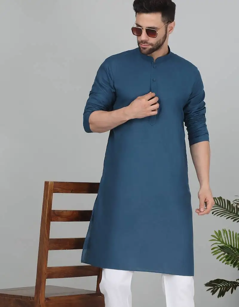 Cotton blend solid denim blue kurta with pyjamas