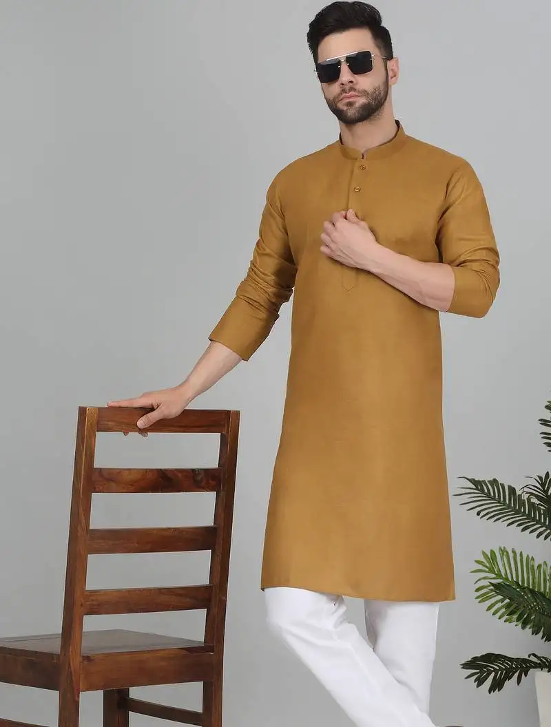 Cotton blend solid denim mustard kurta with pyjamas