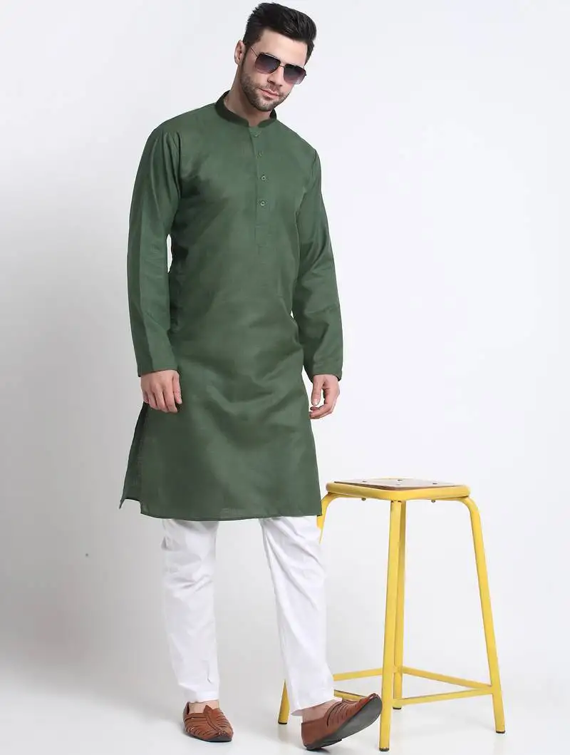 Cotton blend solid denim olive green kurta with pyjamas