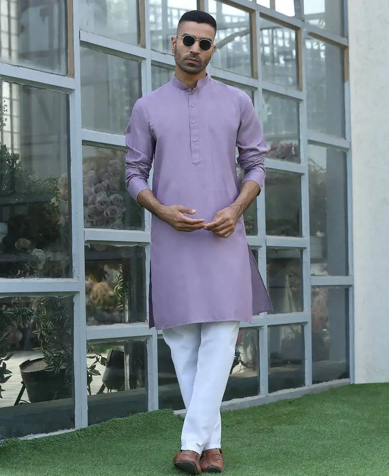 Cotton blend solid denim mauve kurta with pyjamas