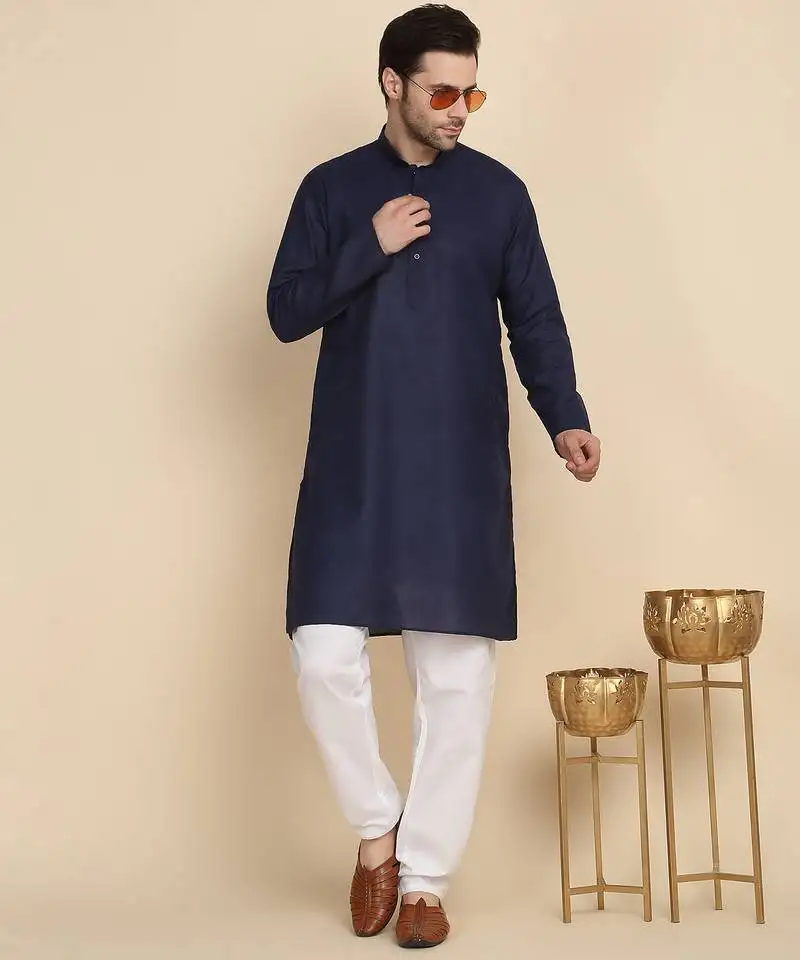 Cotton blend solid denim navy blue kurta with pyjamas