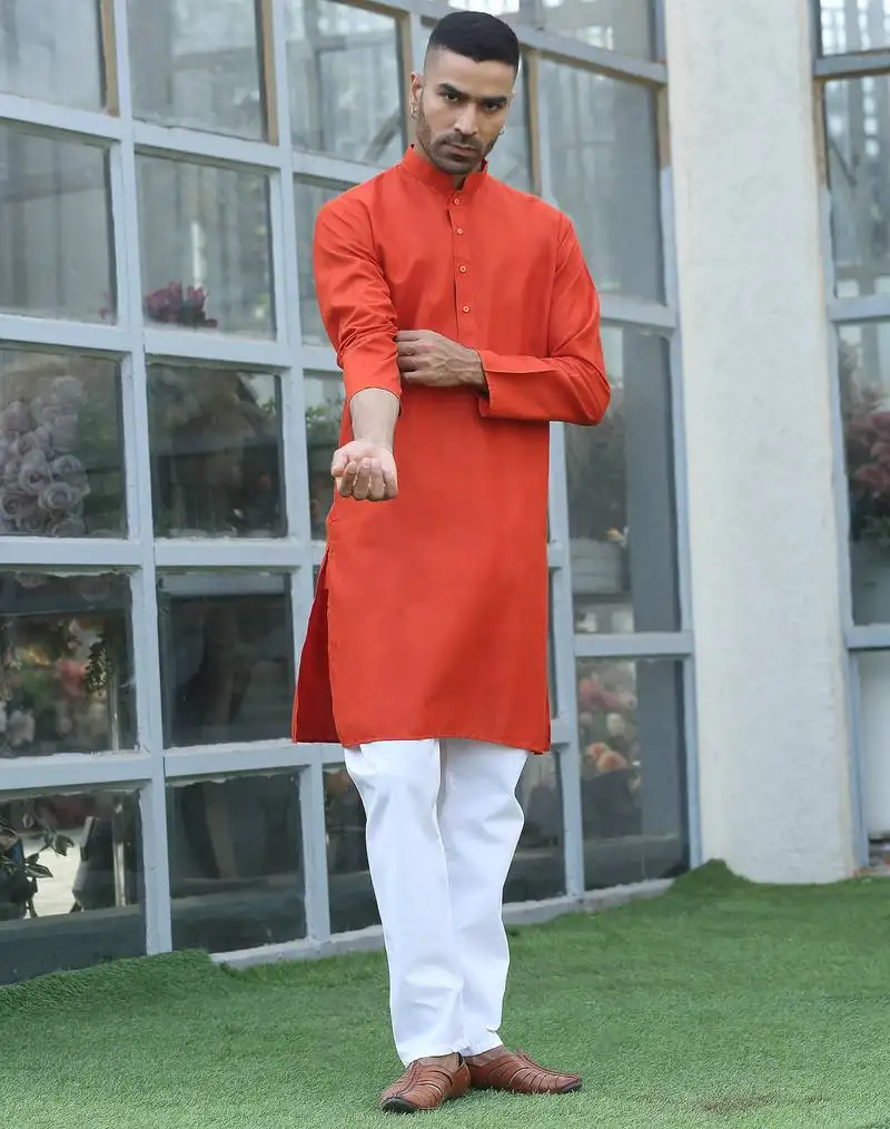 Cotton blend solid denim orange kurta with pyjamas