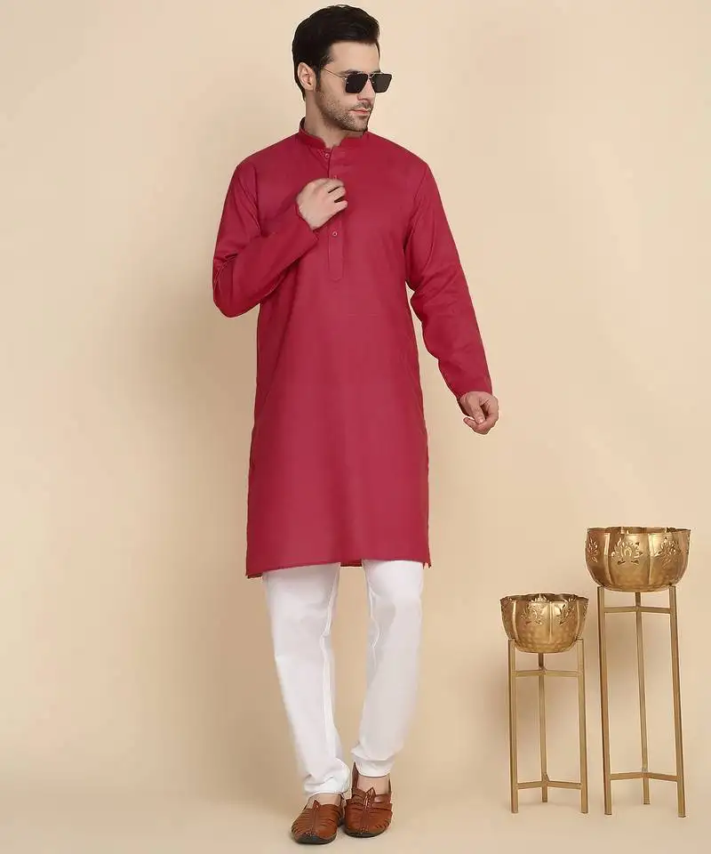 Cotton blend solid denim red kurta with pyjamas