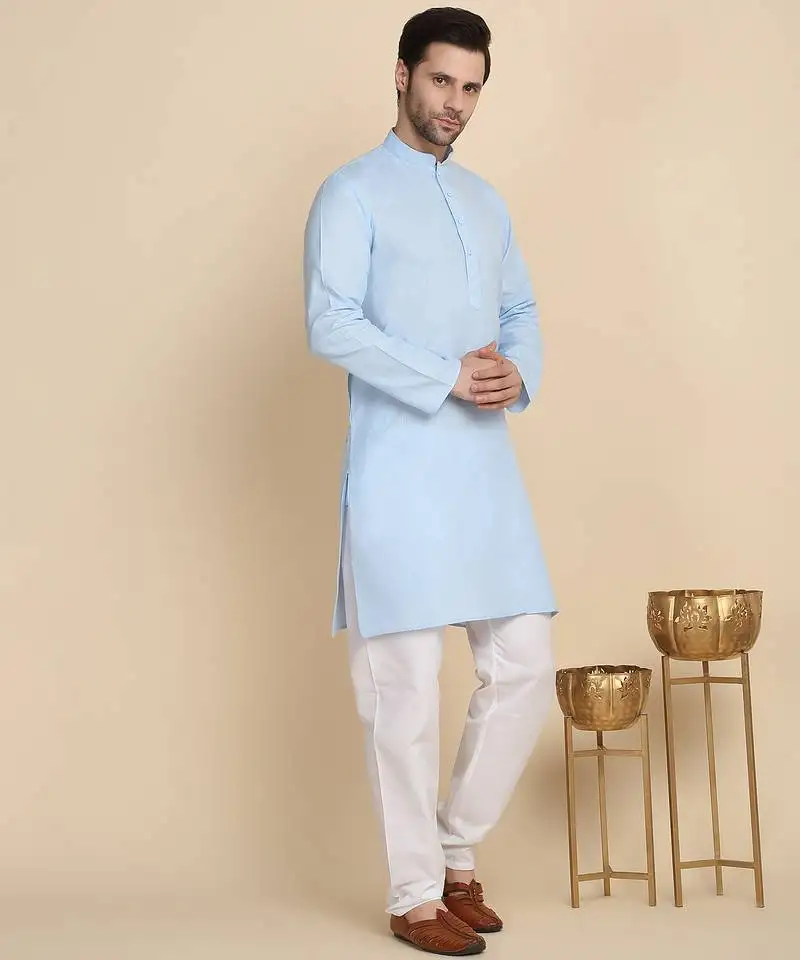 Cotton blend solid denim sky blue kurta with pyjamas
