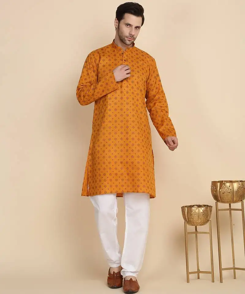 Floral printed cotton blend orange kurta with pyjamas