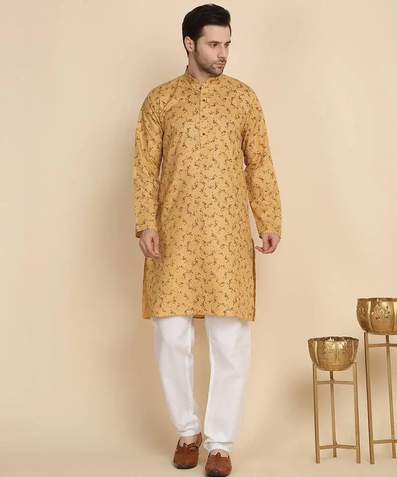 Floral printed cotton blend beige kurta with pyjamas